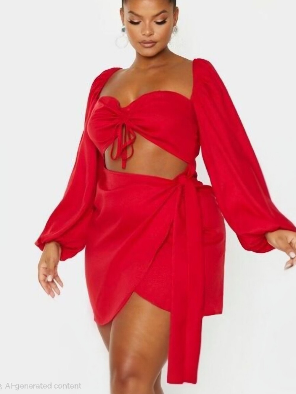 PrettyLittleThing Red Cutout Wrap Mini Dress Balloon Sleeve Party Glam Club - Picture 4 of 6